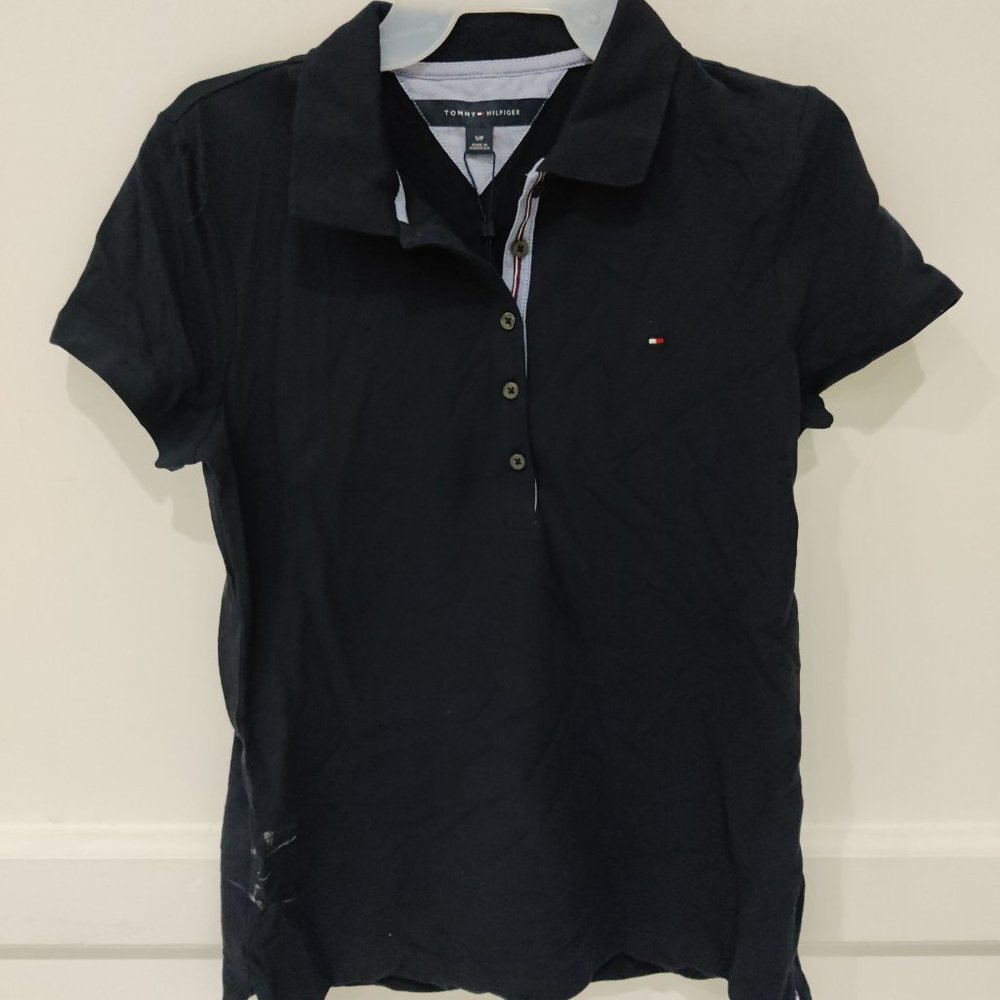 SOILED Tommy Hilfiger Women's Solid Short-Sleeve Polo Top Navy Size S $40 2A019